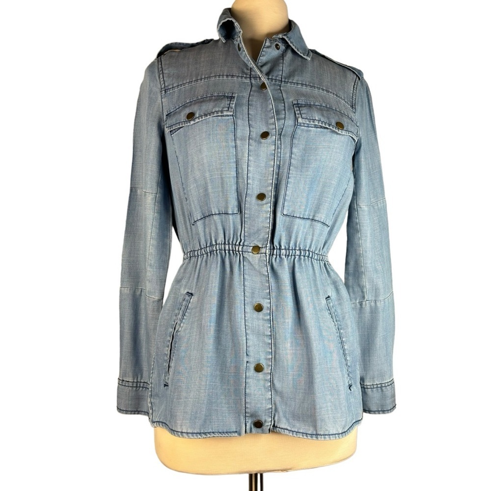 Gianni Bini Chambray Denim Tinsel Snap Front Long Sleeve Pocket Shirt Size Small